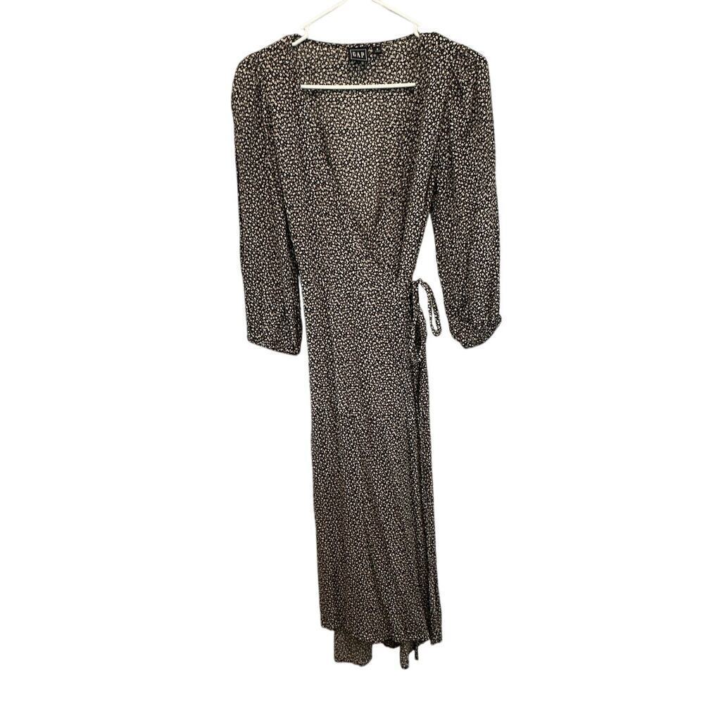 Gap Womens Midi Wrap Dress Size 2 Black Ditsy Floral Fall‎ Casual Cottagecore